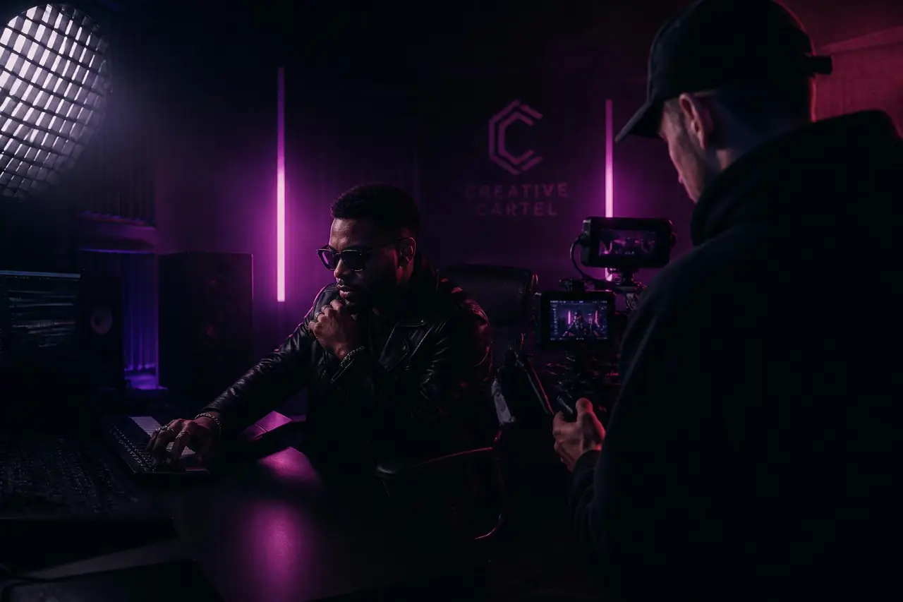 Creator and videographer working together in a dark studio